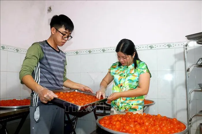 Chị Lê Thị Thanh Tuyền phân loại lòng đỏ trứng vịt muối cho vào túi hút chân không, cấp đông